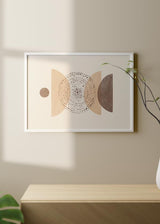 Cuadro horizontal con semicírculos beige, crema y marrón, composición geométrica orgánica con círculos punteados centrales y estética abstracta serena. Disponible en kudeko.com