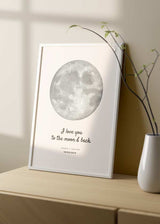 Decoración con cuadros, ideas - cuadro personalizado para parejas con ilustración de Luna en blanco y negro y fondo beige.
