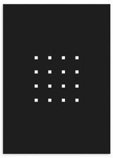 Cuadro con dieciséis puntos cuadrados blancos ordenados en cuadrícula sobre fondo negro, de estilo minimalista y alto contraste visual. Disponible en kudeko.com