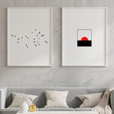 Tableau encadré avec soleil rouge semi-circulaire, bande noire, fond blanc, lignes épurées et contraste rouge noir blanc au style minimaliste élégant. Disponible sur kudeko.com
