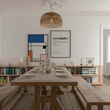 Wandbild mit geometrischer Komposition aus kräftigem Blau, Weiß, Orange, Altrosa und Marineblau, markanten schwarzen Linien und modernem Bauhaus Stil. Erhältlich auf kudeko.com
