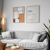 Tableau encadré à composition géométrique avec rectangles blancs, rose poudré, orange chaud, brun terre cuite, accent bordeaux et lignes noires épaisses, dans un style moderne équilibré. Disponible sur kudeko.com