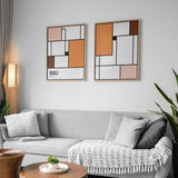 Tableau avec composition de rectangles blancs, orange, bruns, pêche et bordeaux, contours noirs marqués et style géométrique moderne inspiré du Bauhaus. Disponible sur kudeko.com