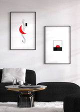 Cuadro con líneas negras onduladas, media luna roja, rectángulo y punto negros sobre fondo blanco, de estilo abstracto. Disponible en kudeko.com