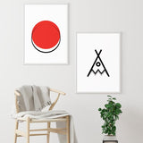 Decoración con cuadros, mural - cuadro minimalista y abstracto de elipse en colores rojo, negro y blanco. Lámina decorativa.