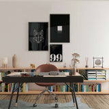 Tableau avec visage de renard en lignes géométriques blanches sur fond noir, composition symétrique noir et blanc au style moderne et épuré. Disponible sur kudeko.com