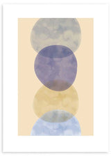 cuadro abstracto con figuras circulares en colores malva y naranja. Lámina decorativa abstracta con círculos. Marco negro