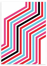 Cuadro de líneas en zigzag con franjas paralelas en rosa fucsia, rojo, azul claro, negro y blanco, de estilo geométrico. Disponible en kudeko.com