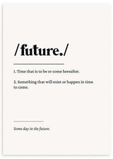 Wandbild mit typografischer Definition des Wortes future in Schwarz auf weißem Hintergrund, feinen Linien, klarer Komposition und minimalistischem Stil. Erhältlich auf kudeko.com