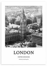 Cuadro con vista urbana de Londres, Big Ben y edificios históricos en tonos blanco, negro y gris, de estilo fotográfico. Disponible en kudeko.com