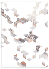 Tableau avec cubes géométriques dispersés en blanc, gris doux, beige et terracotta, au style abstrait moderne et à la composition épurée. Disponible sur kudeko.com