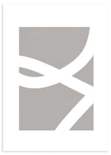 Quadro com formas curvas brancas entrelaçadas sobre fundo cinzento taupe, composição depurada de estilo minimalista e presença moderna equilibrada. Disponível em kudeko.com