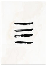 Quadro abstrato emoldurado com quatro traços pretos horizontais, fundo branco sujo, tons bege suaves e estilo contemporâneo depurado. Disponível em kudeko.com