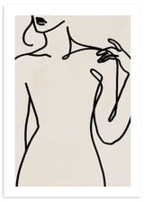 Quadro com figura feminina em linhas pretas sobre fundo bege claro, com rosto, tronco e mão numa composição elegante de estilo minimalista e sofisticado. Disponível em kudeko.com
