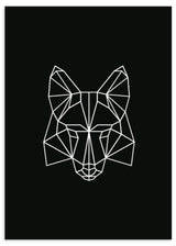 Tableau avec visage de renard en lignes géométriques blanches sur fond noir, composition symétrique noir et blanc au style moderne et épuré. Disponible sur kudeko.com