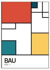 Wandbild mit Rechtecken in Ziegelrot, Petrolblau, Senfgelb und Weiß, kräftigen schwarzen Linien und modernem geometrischem Stil im Bauhaus-Look. Erhältlich auf kudeko.com