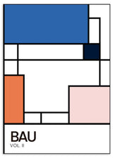 Quadro emoldurado com composição geométrica de retângulos em azul intenso, branco, laranja coral, rosa suave e azul-marinho, com tipografia Bau e estilo gráfico moderno. Disponível em kudeko.com