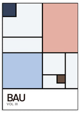 Tableau encadré avec rectangles bleu clair, bleu grisé, rose poudré, blanc et marron, lignes noires, texte typographique et style géométrique moderne. Disponible sur kudeko.com