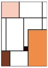 Tableau encadré à composition géométrique avec rectangles blancs, rose poudré, orange chaud, brun terre cuite, accent bordeaux et lignes noires épaisses, dans un style moderne équilibré. Disponible sur kudeko.com