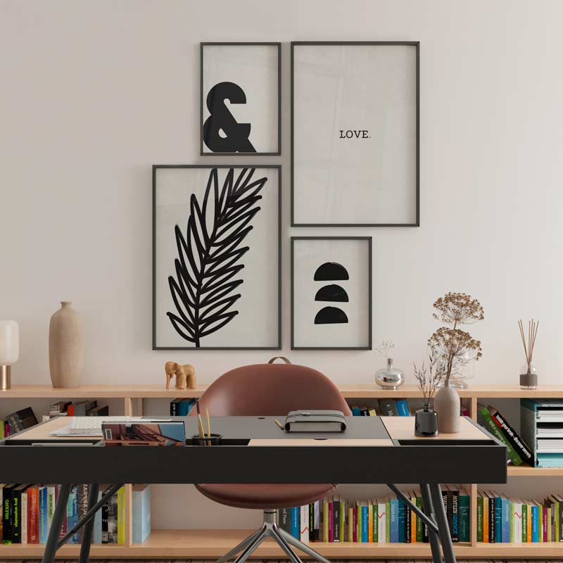 mural de cuadros para pared minimalista en blanco y negro - decoración con cuadros, ideas - kudeko