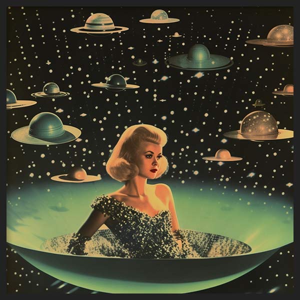 Quadro surrealista retrofuturista com mulher num disco voador e OVNIs flutuantes, ambiente decorativo vintage e espacial. Disponível em kudeko.com