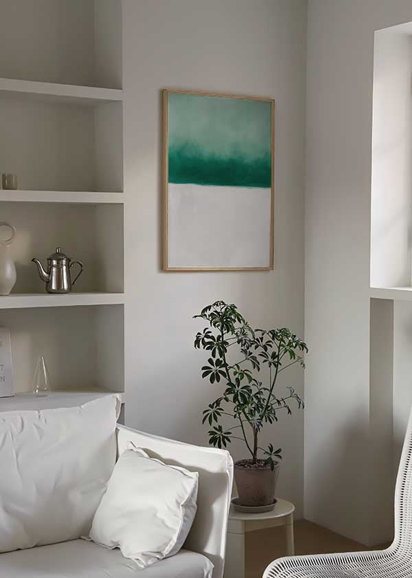 Cuadro abstracto minimalista en verde esmeralda y blanco, kudeko.com
