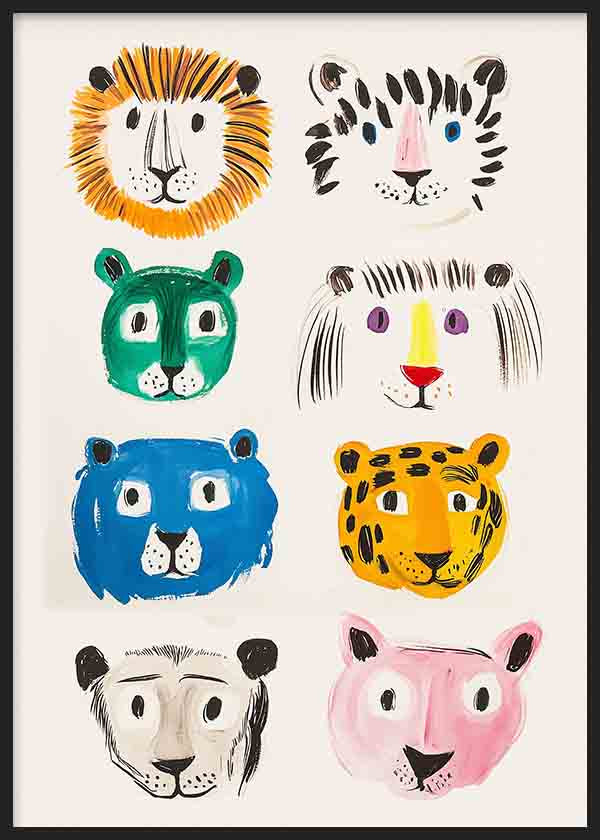 Cuadro con ocho caras de animales felinos en amarillo, azul, verde, rosa, negro y blanco, composición divertida de estilo infantil. Disponible en kudeko.com