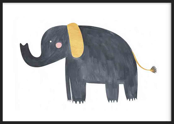 Tableau horizontal avec éléphant enfantin gris foncé sur fond blanc, oreille dorée, joue rose et style illustration moderne pour chambre de bébé ou d’enfant. Disponible sur kudeko.com