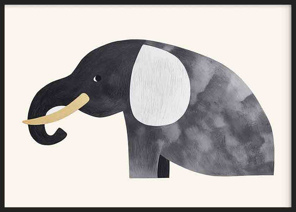 Cuadro horizontal con elefante infantil de perfil en tonos negro, gris, blanco y beige, con formas simples sobre fondo claro y estilo infantil. Disponible en kudeko.com