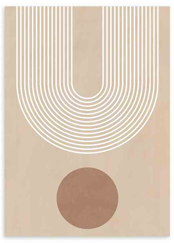 Tableau avec composition géométrique, arches linéaires blanches, fond beige chaud, cercle brun doux et style graphique épuré pour décoration murale. Disponible sur kudeko.com