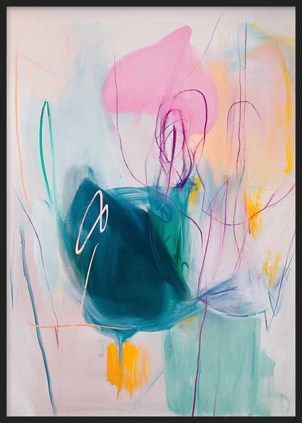 Quadro abstrato colorido com formas livres em azul, rosa e amarelo, estilo decorativo moderno, kudeko.com. Disponível em kudeko.com
