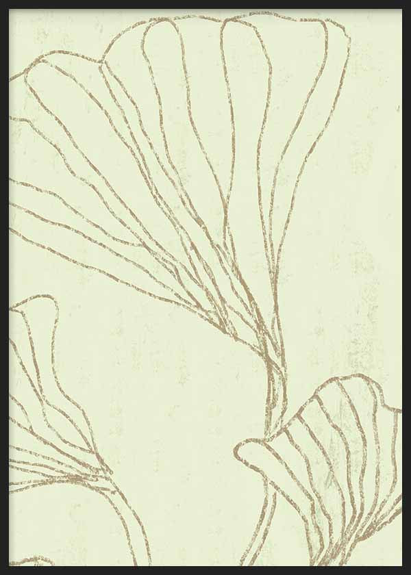 Wandbild mit stilisierten botanischen Blättern auf sehr hellgrünem Hintergrund, feinen beigen Linien, organischer Komposition und minimalistischem Stil für eine natürliche Wandgestaltung. Erhältlich auf kudeko.com