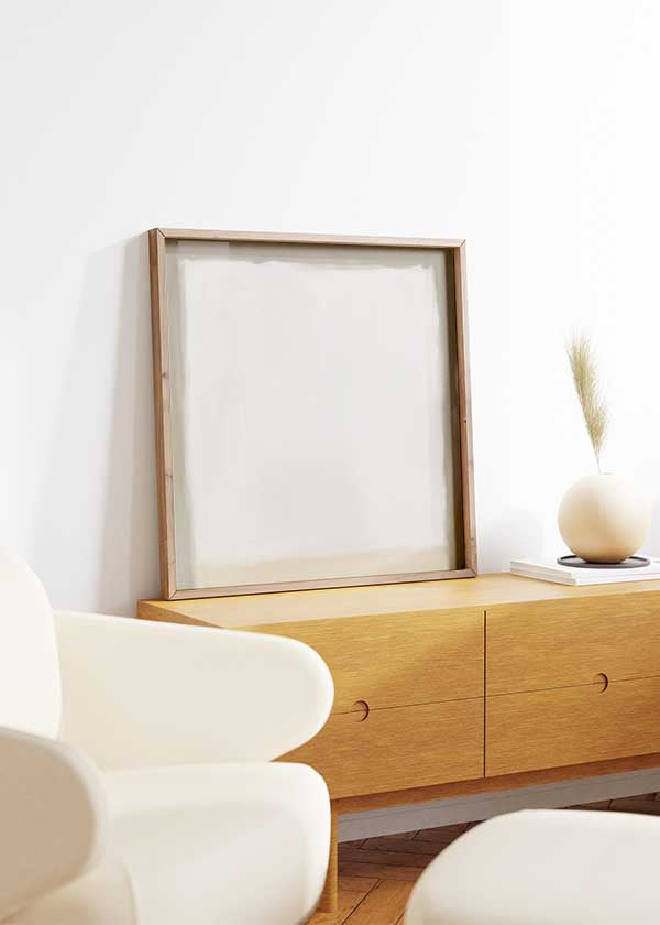 Quadratisches Wandbild abstrakt in neutralen Beige- und Weißtönen, mit klarer und harmonischer dekorativer Wirkung. Erhältlich auf kudeko.com