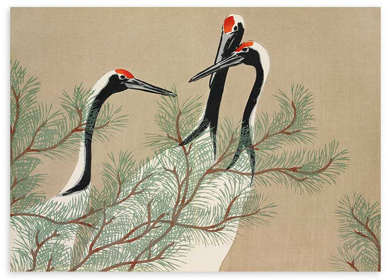 Cuadro horizontal japonés con grullas y ramas de pino estilo Japandi, kudeko.com

