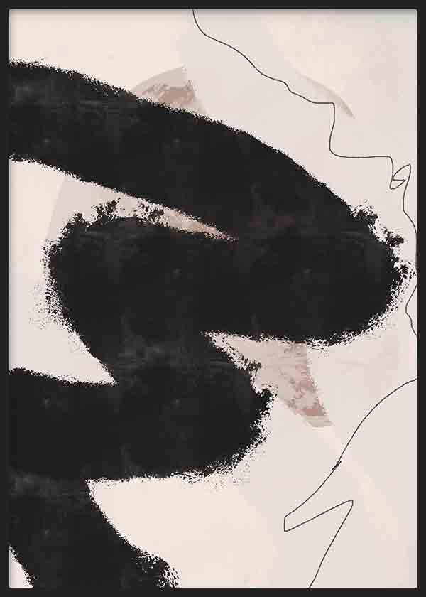 Cuadro con formas abstractas negras sobre fondo beige, acentos rosados suaves y línea orgánica fina en composición moderna de estilo abstracto. Disponible en kudeko.com