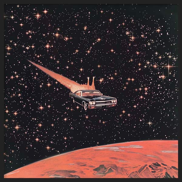 Tableau surréaliste de voiture classique voyageant dans l’espace avec traînée de feu, ambiance décorative et style visuel saisissant. Disponible sur kudeko.com