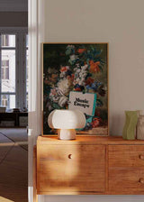 Cuadro pop-art con flores barrocas y tornamesa vintage "Music Escape", disponible en kudeko.com.
