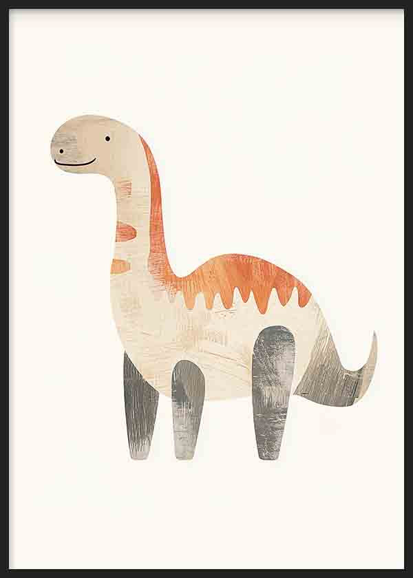 Tableau encadré avec dinosaure au long cou en beige, terracotta et gris, sur fond clair, avec style enfantin, formes douces et aspect texturé. Disponible sur kudeko.com
