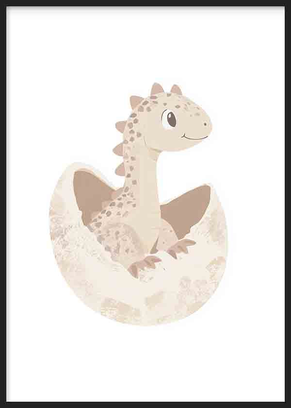 Cuadro con dinosaurio bebé saliendo de un cascarón en tonos beige, crema y marrón suave, con estética tierna y estilo infantil. Disponible en kudeko.com