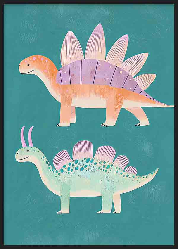 Cuadro con dos dinosaurios en tonos turquesa, melocotón, lila y verde agua, de formas suaves y estilo infantil. Disponible en kudeko.com