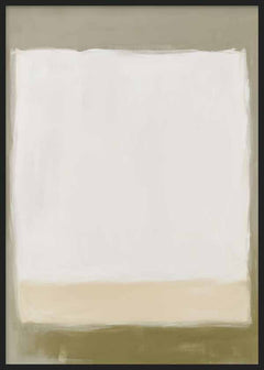 Quadro abstrato com blocos brancos, bege e cinzento oliva, estilo decorativo simples e ambiente neutro para sala ou quarto. Disponível em kudeko.com