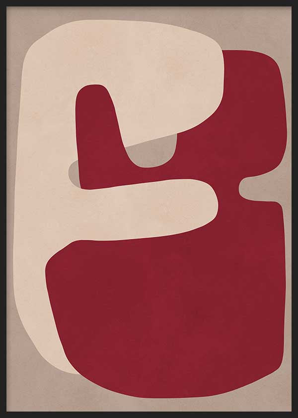 Tableau abstrait avec formes organiques dans des tons bordeaux et beige, style décoratif épuré et composition moderne pour le mur. Disponible sur kudeko.com