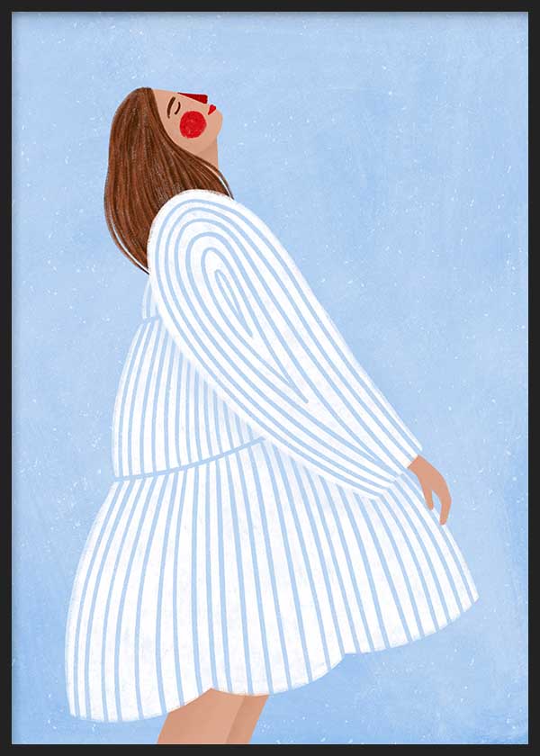 Quadro ilustrado colorido com mulher de vestido branco e azul de Bea Muller. Disponível em kudeko.com