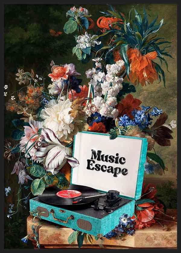 Tableau pop art avec fleurs baroques et platine vinyle vintage « Music Escape », style décoratif aux tons contrastés. Disponible sur kudeko.com