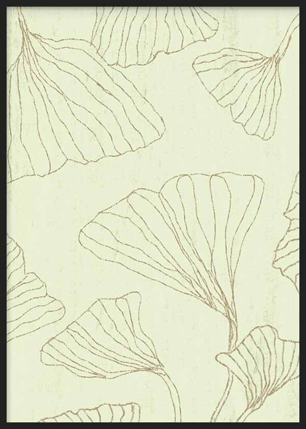 Gerahmtes Wandbild mit Ginkgoblättern in feinen Linien auf cremefarbenem Hintergrund, in Beige und sehr hellem Grün, botanische Komposition im floralen Stil. Erhältlich auf kudeko.com