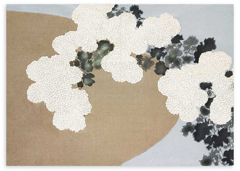 Cuadro horizontal con flores blancas y hojas verdes estilo Japandi, kudeko.com

