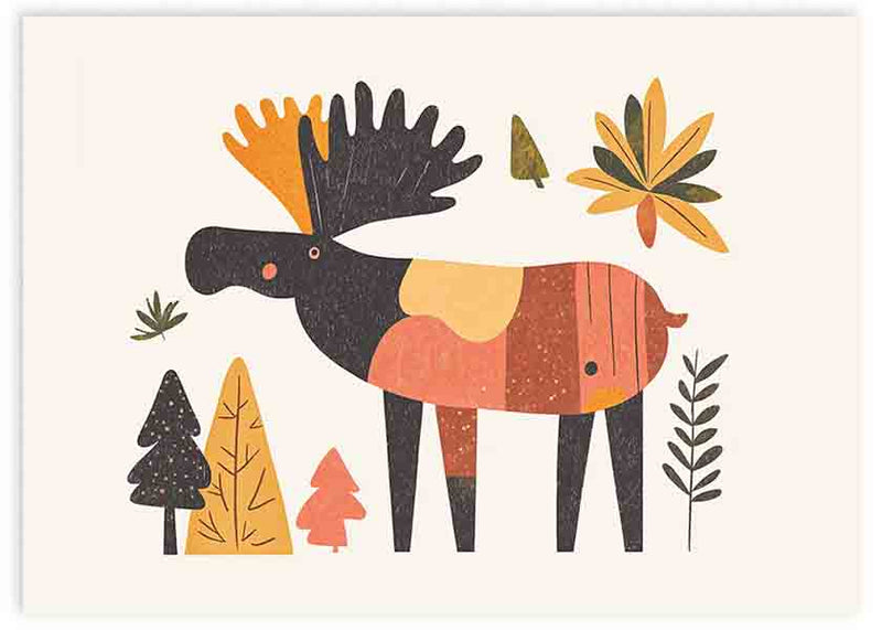 Horizontales Wandbild mit kindlichem Hirsch in schlichten Formen, Blättern und kleinen Bäumen in Senfgelb, Terrakotta, Schwarz und Olivgrün, im illustrierten Stil für das Kinderzimmer. Erhältlich auf kudeko.com
