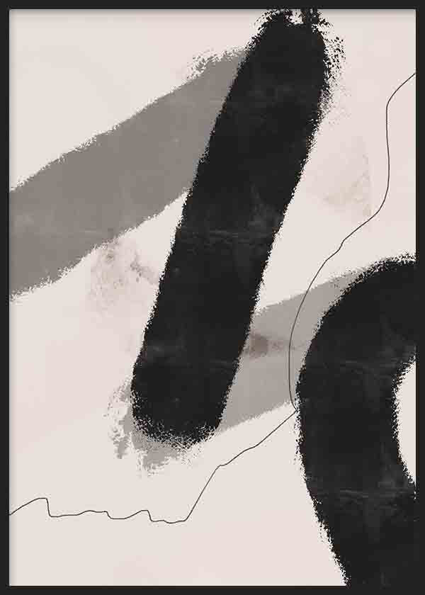 Cuadro con formas abstractas negras, manchas grises suaves, línea irregular fina y fondo beige claro, de estilo abstracto. Disponible en kudeko.com