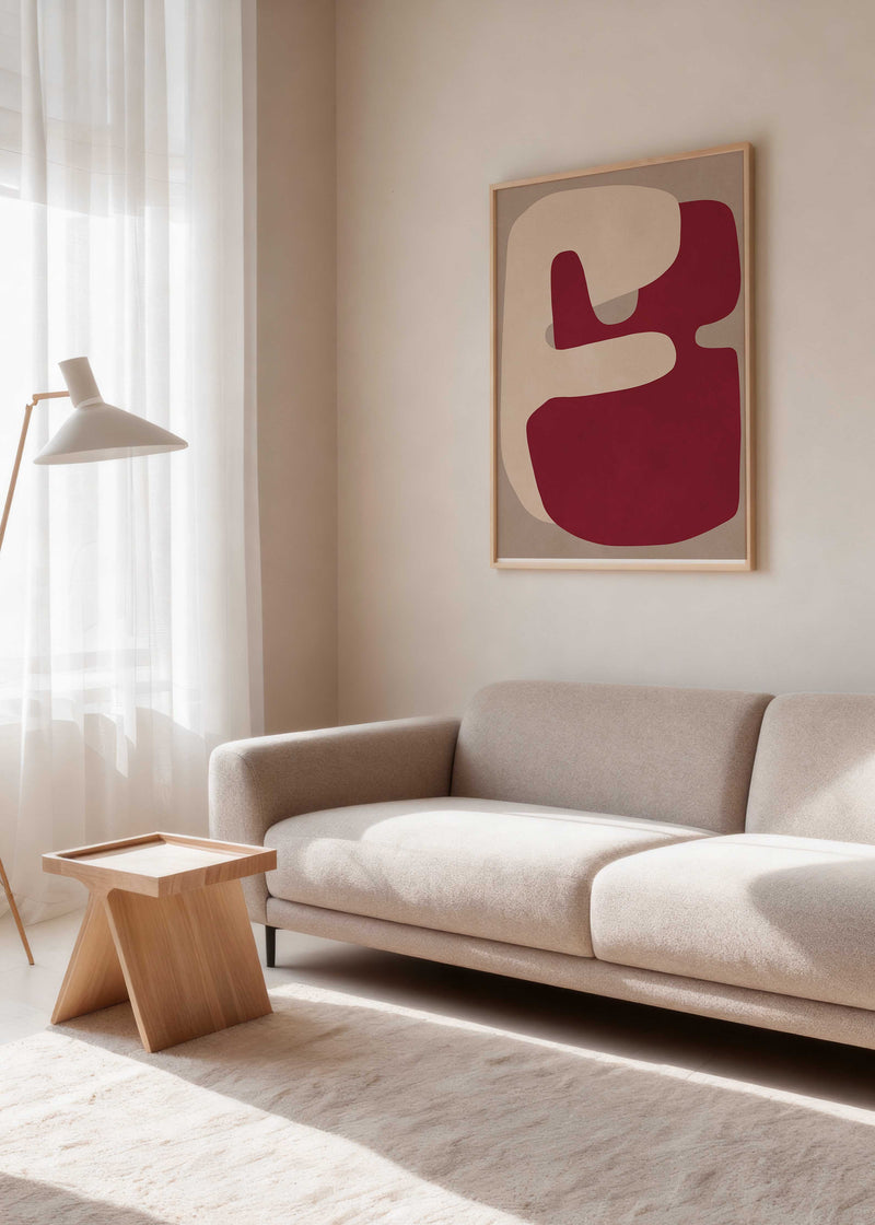 Cuadro abstracto con formas orgánicas en tonos burdeos y beige, kudeko.com
