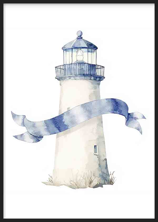 Cuadro de faro blanco con detalles azul grisáceo, linterna superior y cinta ondulante, sobre fondo claro, de estilo infantil. Disponible en kudeko.com